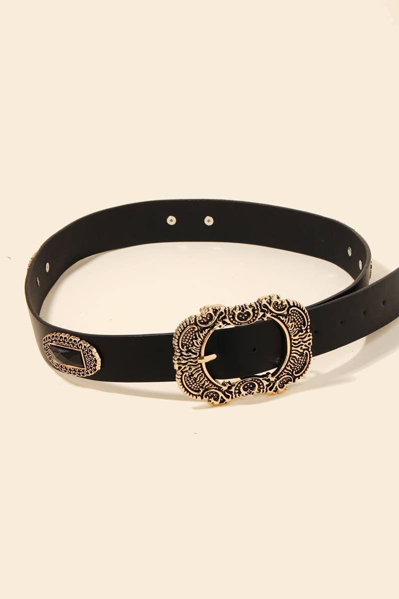 Embroidered Buckle Faux Leather Belt